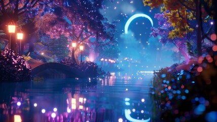 Magical night scene with glowing lights, crescent moon and water reflections in an enchanted forest. Concept of fantasy, fairytale, dreams, and magic.