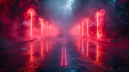 Aufkleber - Lonely urban road with neon lights bouncing off wet surfaces and swirling smoke.