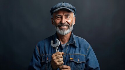 Wall Mural - A man in a blue jacket is smiling and holding a wrench