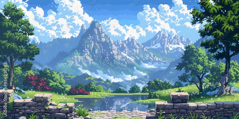 Pixelated scenery from a classic adventure game level. Concept Retro ...