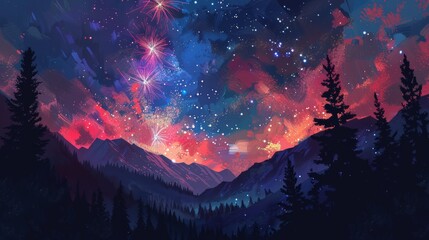 Leinwandbilder - Multicolored fireworks painting the night sky over a serene mountain range, with the silhouettes of trees in the foreground