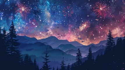 Leinwandbilder - Multicolored fireworks painting the night sky over a serene mountain range, with the silhouettes of trees in the foreground