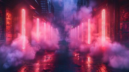 Aufkleber - Mysterious smoke and neon reflections creating an abstract light display in an empty alley.