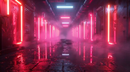 Poster - Neon-lit alleyway with reflective surfaces and abstract light patterns in dense fog.