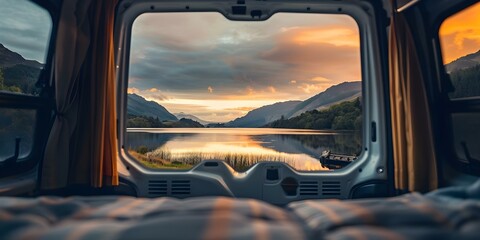 Wall Mural - Sunset view of Loch in Scottish Highlands from campervan. Concept Sunset Photography, Loch Scenery, Scottish Highlands, Campervan Lifestyle