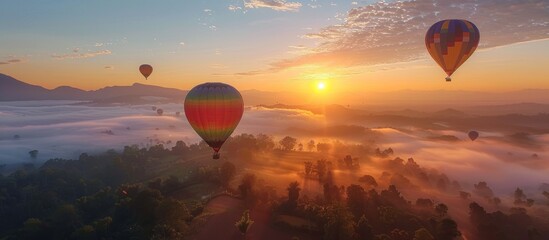 Poster - Hot Air Balloons Soaring Above a Misty Sunrise Landscape
