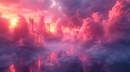 Aufkleber - Neon-lit urban landscape with reflective surfaces and dense smoke creating an abstract effect.
