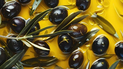 Wall Mural - Background of olives in oil with leaves, close up. Delicious green and black olives, top view