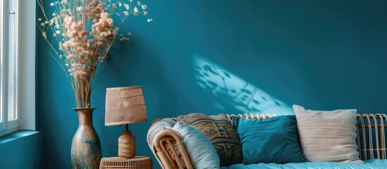 Wall Mural - Contemporary Home Decor with a Blue Color Scheme and a Wicker Couch, including a Vase with a Plant and Stylish Lamp in the Room