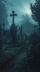 Wall Mural - Eerie Graveyard at Night. Spooky Cemetery Landscape with Fog and Crosses