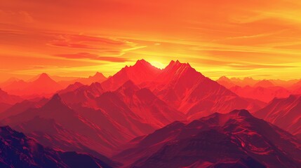 Wall Mural - Red sunset casting a warm glow on a mountain range