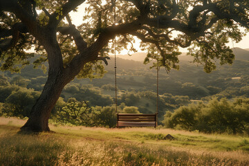 Wall Mural - Swing hanging from a large oak tree