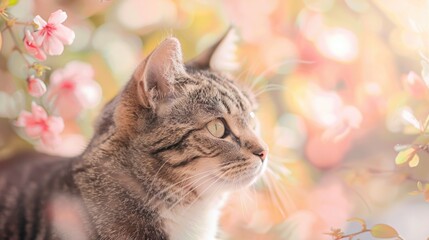 Sticker - Beautiful cat on floral background, close-up. Fluffy pet