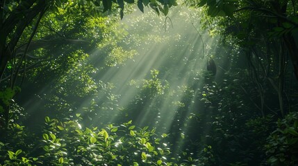 Poster - Sunlight breaking through the canopy of a lush green forest, illuminating the undergrowth