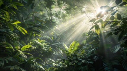 Wall Mural - Sunlight breaking through the canopy of a lush green forest, illuminating the undergrowth