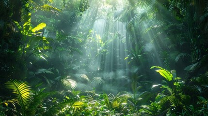Wall Mural - Sunlight breaking through the dense foliage of a rainforest, creating a mystical ambiance.