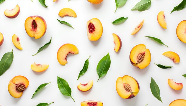 Composition of peaches, peach halves and slices with green leaves on a white background