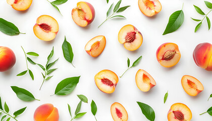 Composition of peaches, peach halves and slices with green leaves on a white background