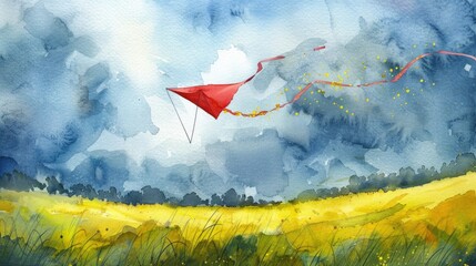 Wall Mural - Beautiful watercolor illustration of flying kite above mustard fields