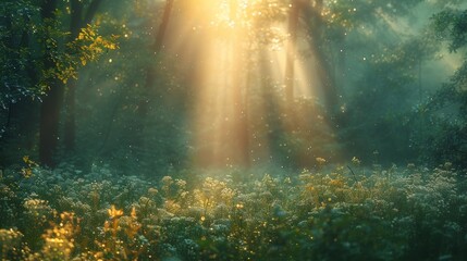 Poster - The first light of dawn illuminating a forest with morning dew on the leaves.
