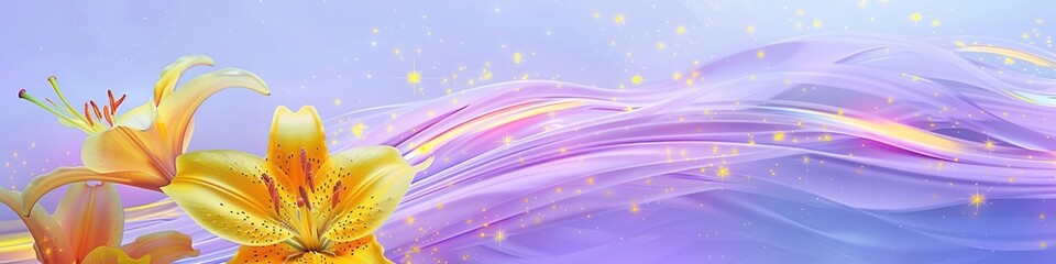 neon yellow lilies set vividly against a dynamic and flowing backdrop of light purple and sky blue h
