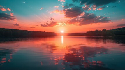 A beautiful sunset over a lake with a reflection of the sun on the water