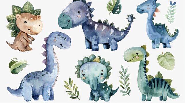 Watercolor little Dinosaurs illustration isolated on white  background
