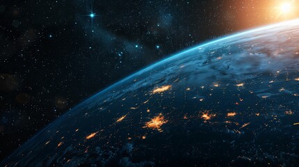 Aufkleber - The planet Earth in the night, showcasing bright city lights and a serene star-filled background