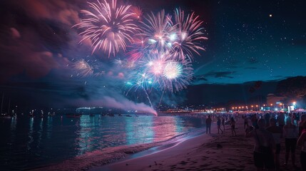 Leinwandbilder - Vibrant fireworks burst in the night sky over a crowded beach, with people watching in awe from the shoreline