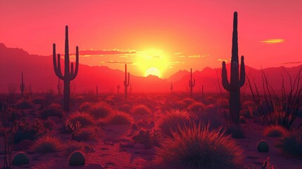 Wall Mural - Vibrant red sunset illuminating a desert landscape with cacti