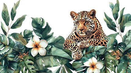 Wall Mural - A hand-painted watercolor pattern featuring wild jungle leopards, green leaves, and plumeria flowers