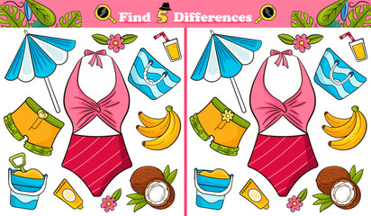 Wall Mural - Find 5 differences game with pink beach swimwear