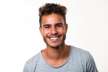 Man Isolated On White. Laughing Brazilian Model in Young and Cheerful Pose