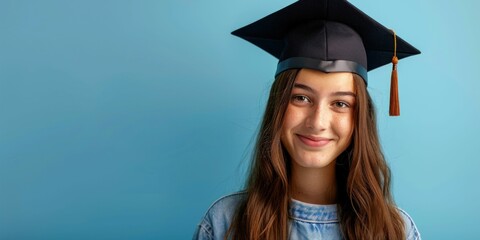 Smiling Young Woman in Graduation Cap on Blue Background. Generative ai