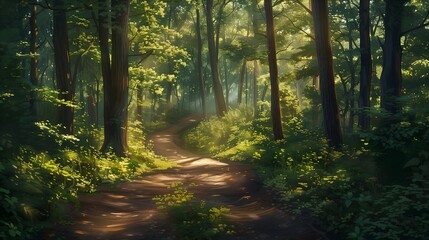  Sunlit Forest Path Winding Through Lush Green Trees