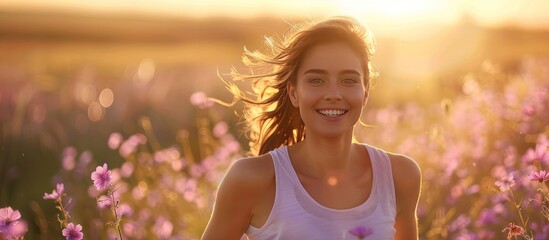 Wall Mural - Smiling Woman in a Field of Flowers