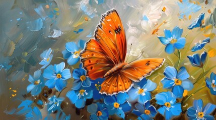 Poster - Bright orange butterfly on blue forget-me-not flowers painted with oil paints.