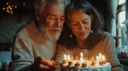 Wall Mural - A couple in their 60s is celebrating their anniversary with a happy birthday cake.