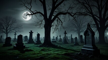 Spooky cemetery landscape with old tombstones and fog. Full moon spooky horror landscape.