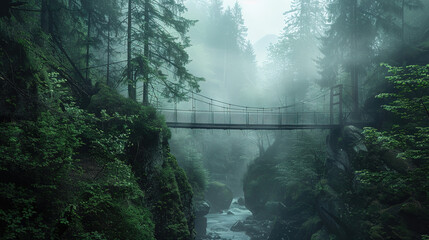 Wall Mural - Old Suspension Bridge Spanning a Gorge in a Misty Forest.