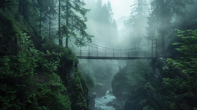Old Suspension Bridge Spanning a Gorge in a Misty Forest.
