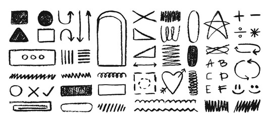 Poster - Set of freehand charcoal doodles, arrows, different signs and symbols, graphic design decorations. Vector illustration.