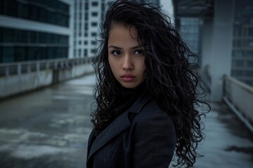 Sticker - Urban elegance: young woman with curly hair against city backdrop