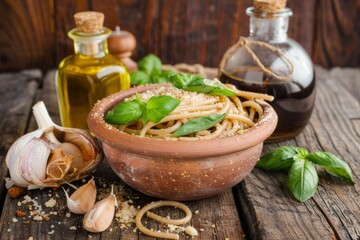 Wall Mural - Rustic spaghetti dinner with fresh basil and olive oil