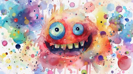 Poster -  Cheerful watercolor painting of a cute candy monster with bright and playful colors