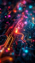 Poster - vibrant and energetic electric circuit diagram with flowing currents and dynamic neon colors