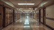 © Nasreen - A quiet, vacant corridor in a school building, stretching far ahead with neatly arranged lockers and doors to classrooms, lit by overhead lighting.
