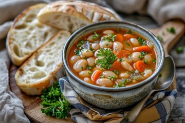 Wall Mural - Rustic bean soup with carrots and fresh parsley in a ceramic bowl