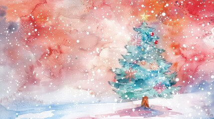 Poster - Christmas background with Christmas tree and snowflakes. Watercolor illustration.