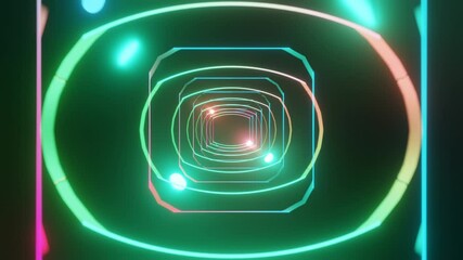 Wall Mural - Abstract background 3D animation moving through shiny glass metal and neon lights tunnel, loop